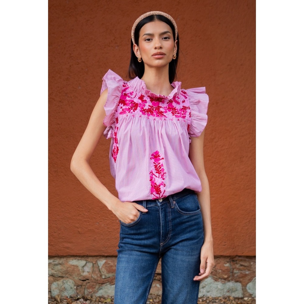 Mi Golondrina Olivia Blouse Pink Red Embroidered Ruffle Flutter Sleeve XL NEW